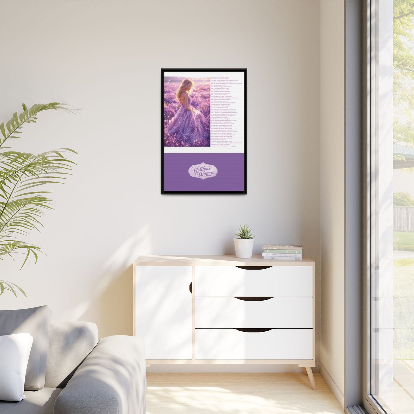 Virtuous Woman Canvas Wall Art – Proverbs 31 Scripture Inspired Lavender Field Painting, Elegant Christian Home Décor, Matte Framed Canvas Print