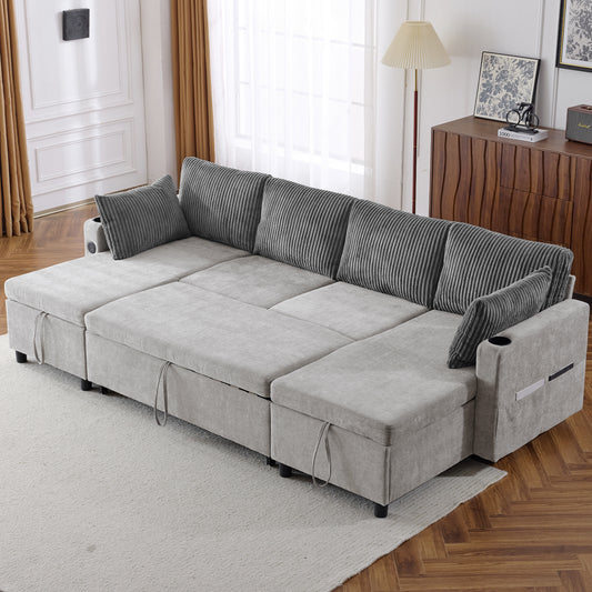 111.8' Sectional Sofa Pull-out Sofa Bed Versatile Sofa Sleeper with Large Storage Space, Two USB Ports and Two Cup Holders for Living Room, Grey