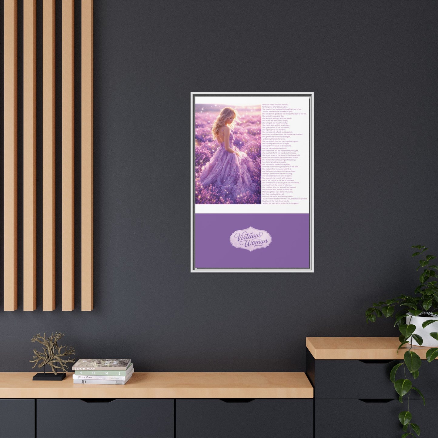Virtuous Woman Canvas Wall Art – Proverbs 31 Scripture Inspired Lavender Field Painting, Elegant Christian Home Décor, Matte Framed Canvas Print