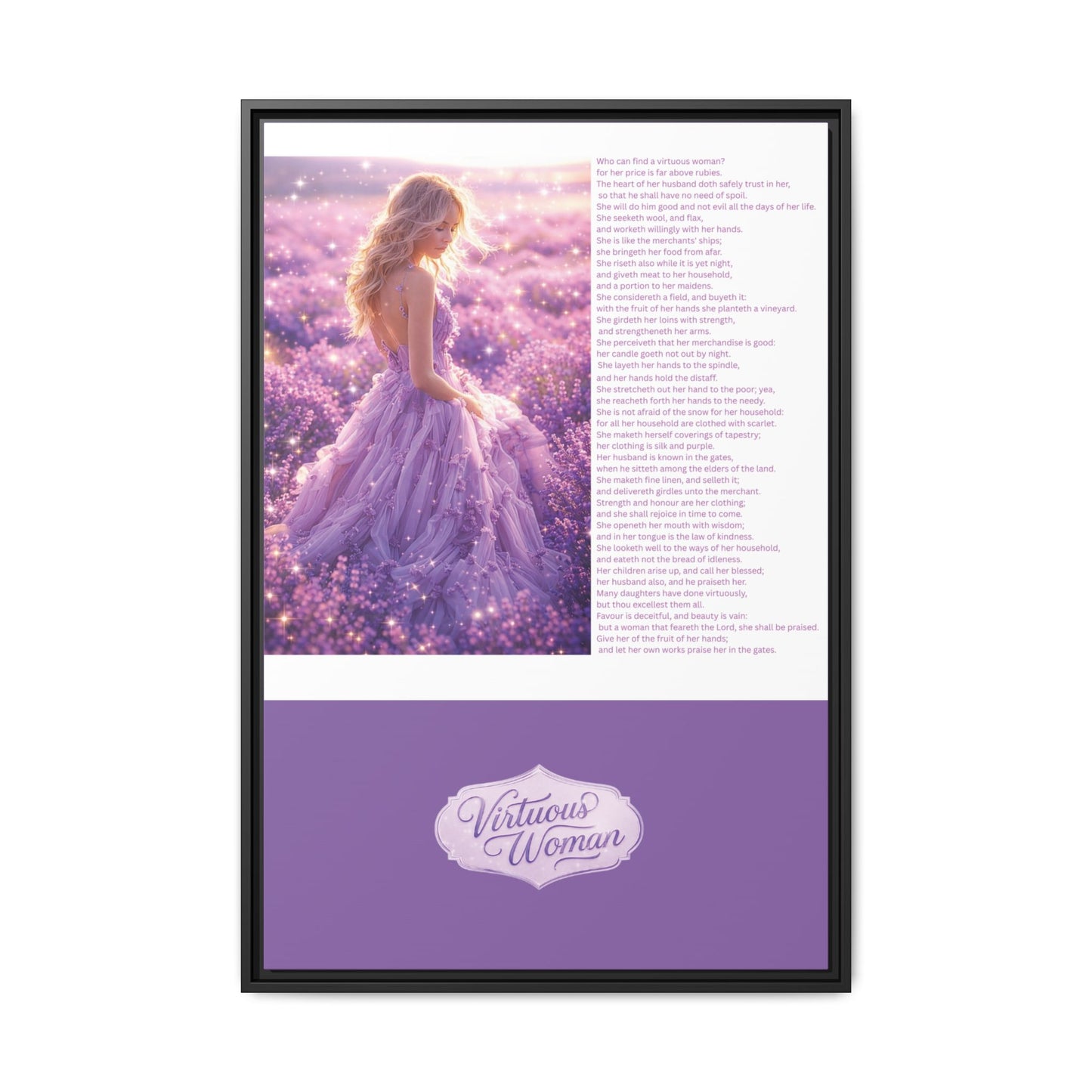 Virtuous Woman Canvas Wall Art – Proverbs 31 Scripture Inspired Lavender Field Painting, Elegant Christian Home Décor, Matte Framed Canvas Print