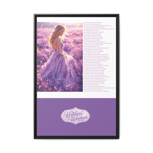 Virtuous Woman Canvas Wall Art – Proverbs 31 Scripture Inspired Lavender Field Painting, Elegant Christian Home Décor, Matte Framed Canvas Print