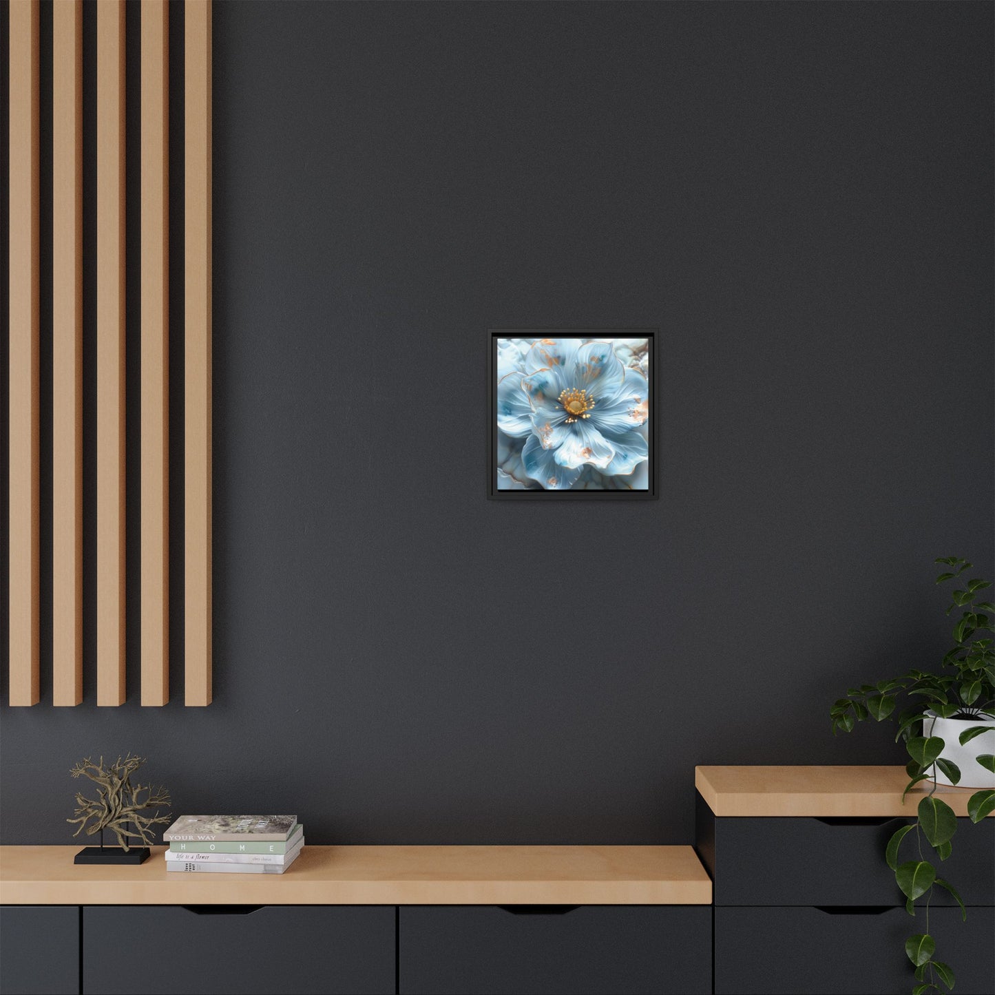 Elegant Sky-Blue Floral Matte Canvas Wall Art – Framed in White, Black, or Espresso | Modern Home & Office Decor