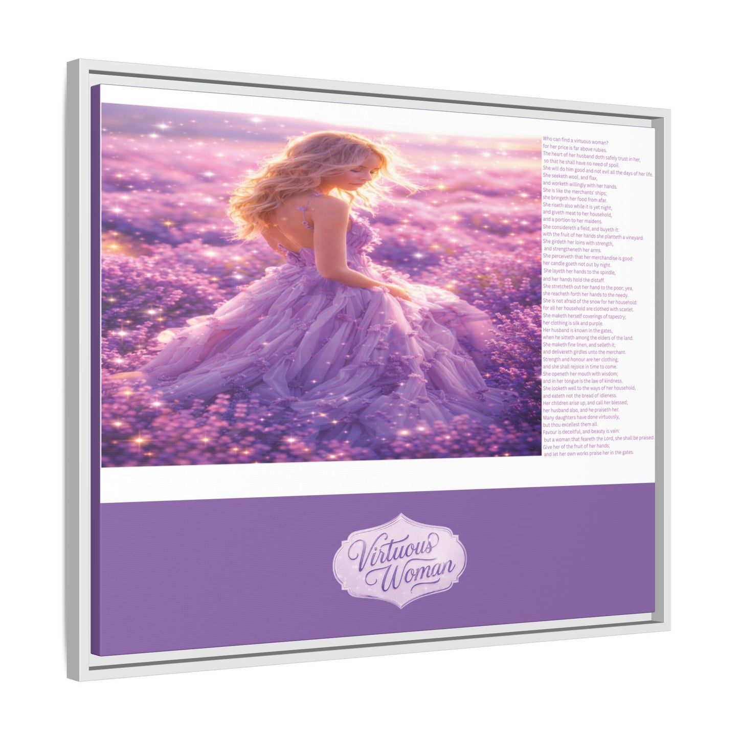 Virtuous Woman Canvas Wall Art – Proverbs 31 Scripture Inspired Lavender Field Painting, Elegant Christian Home Décor, Matte Framed Canvas Print