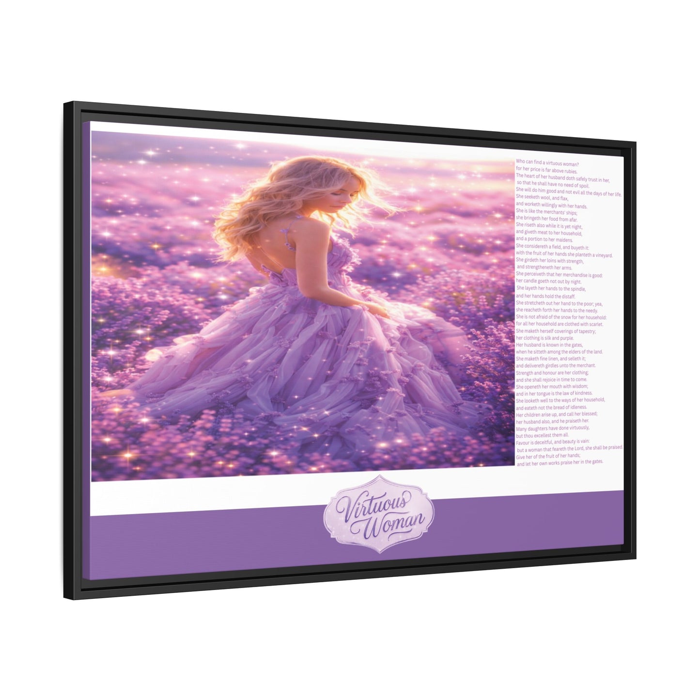 Virtuous Woman Canvas Wall Art – Proverbs 31 Scripture Inspired Lavender Field Painting, Elegant Christian Home Décor, Matte Framed Canvas Print