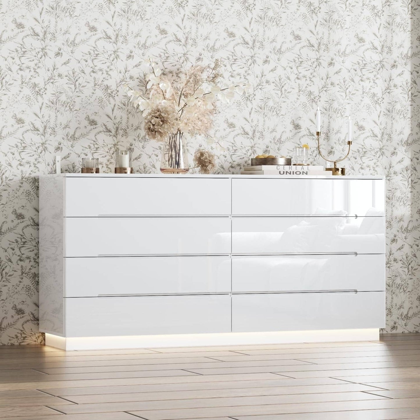 White Drawer Dresser with LED Light, Modern High Gloss Dresser with 8 Drawers, 63" Long Dresser Double Dresser Storage Chest of Drawer for Bedroom, Living Room, Entryway: White - 8 Drawers