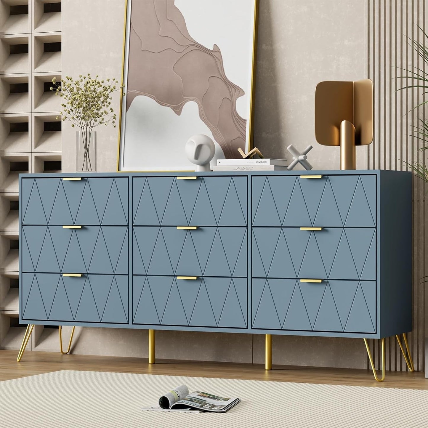 Blue Industrial WalnutFinish Dresser With Wide Drawers