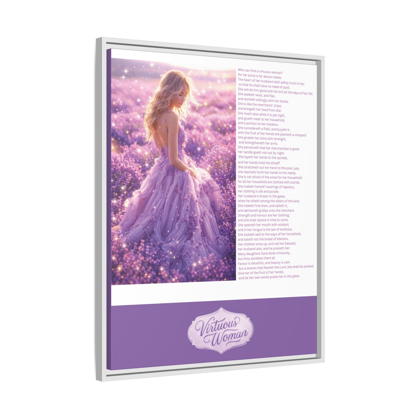 Virtuous Woman Canvas Wall Art – Proverbs 31 Scripture Inspired Lavender Field Painting, Elegant Christian Home Décor, Matte Framed Canvas Print