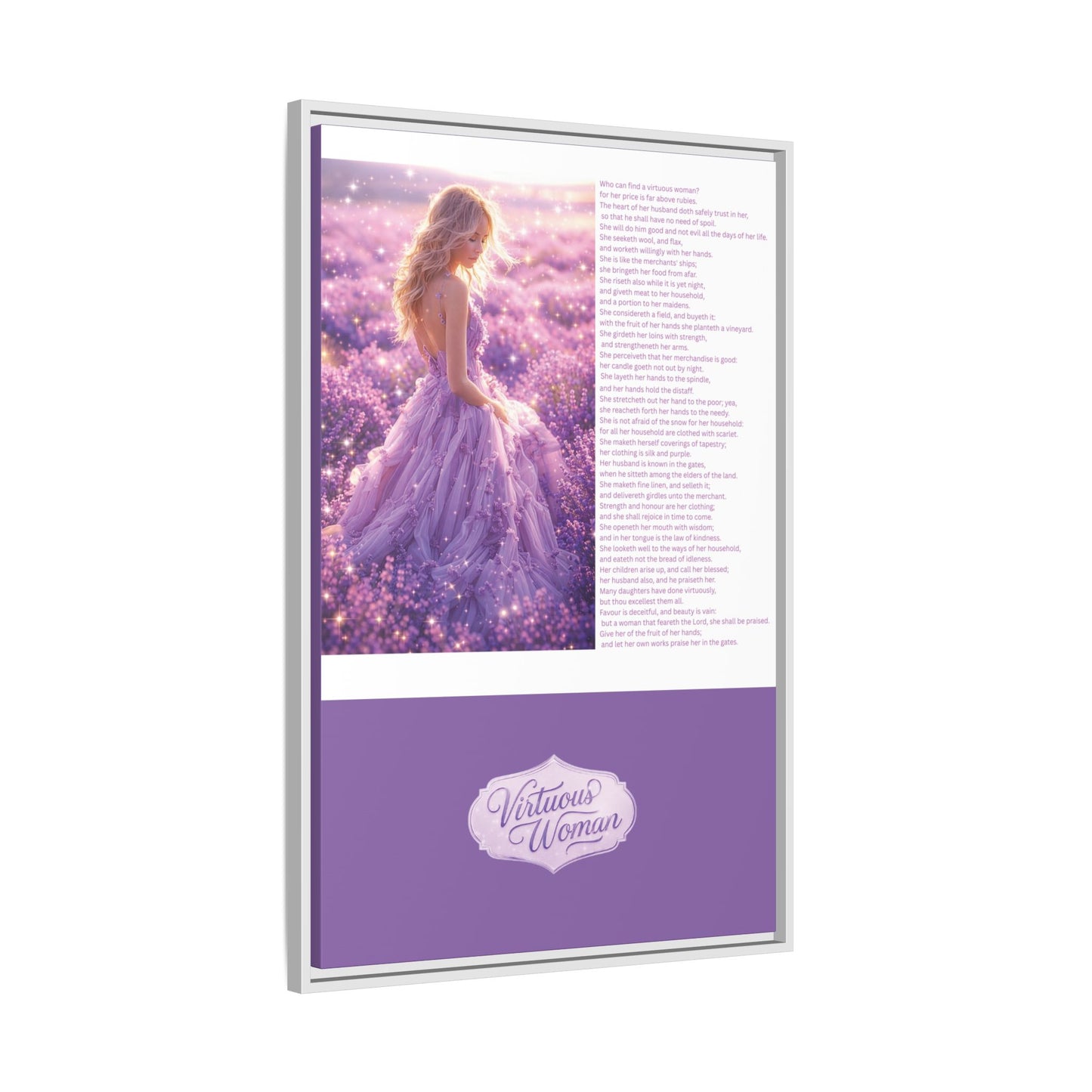 Virtuous Woman Canvas Wall Art – Proverbs 31 Scripture Inspired Lavender Field Painting, Elegant Christian Home Décor, Matte Framed Canvas Print