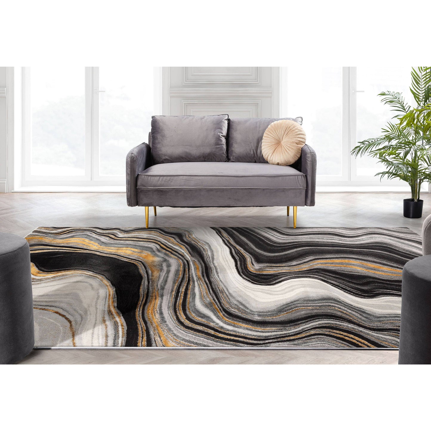 Warren Retro Abstract Waves Grey Glam Rug: 6'7" x 9'3"