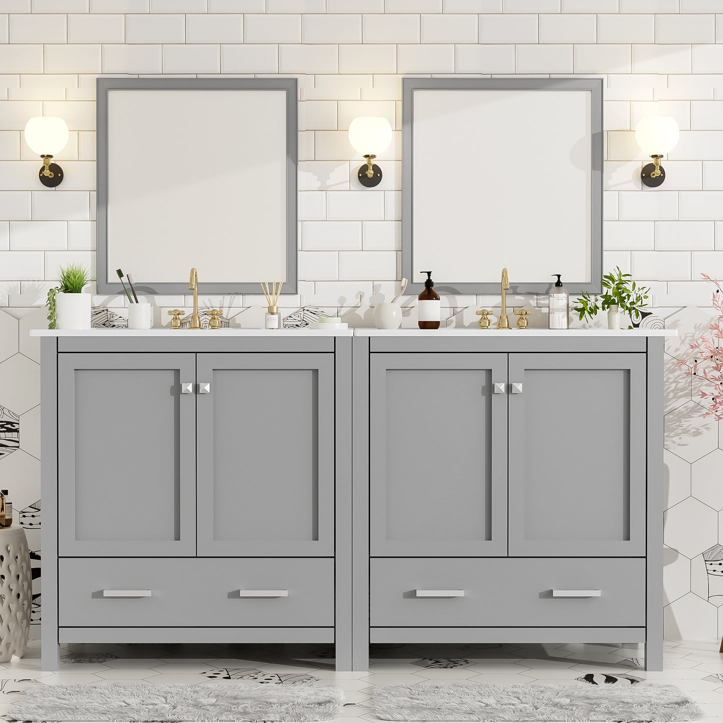 60' Grey Bathroom Vanity Set with Double Vanities (Separate), Double Ceramic Sinks, Storage Shelf, and Divided Drawers  (Mirror not included)– Modern Bathroom Solution for Spacious Bathrooms