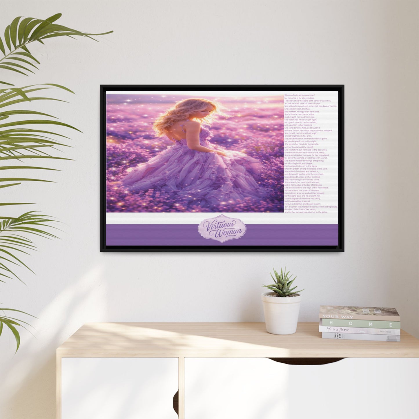 Virtuous Woman Canvas Wall Art – Proverbs 31 Scripture Inspired Lavender Field Painting, Elegant Christian Home Décor, Matte Framed Canvas Print