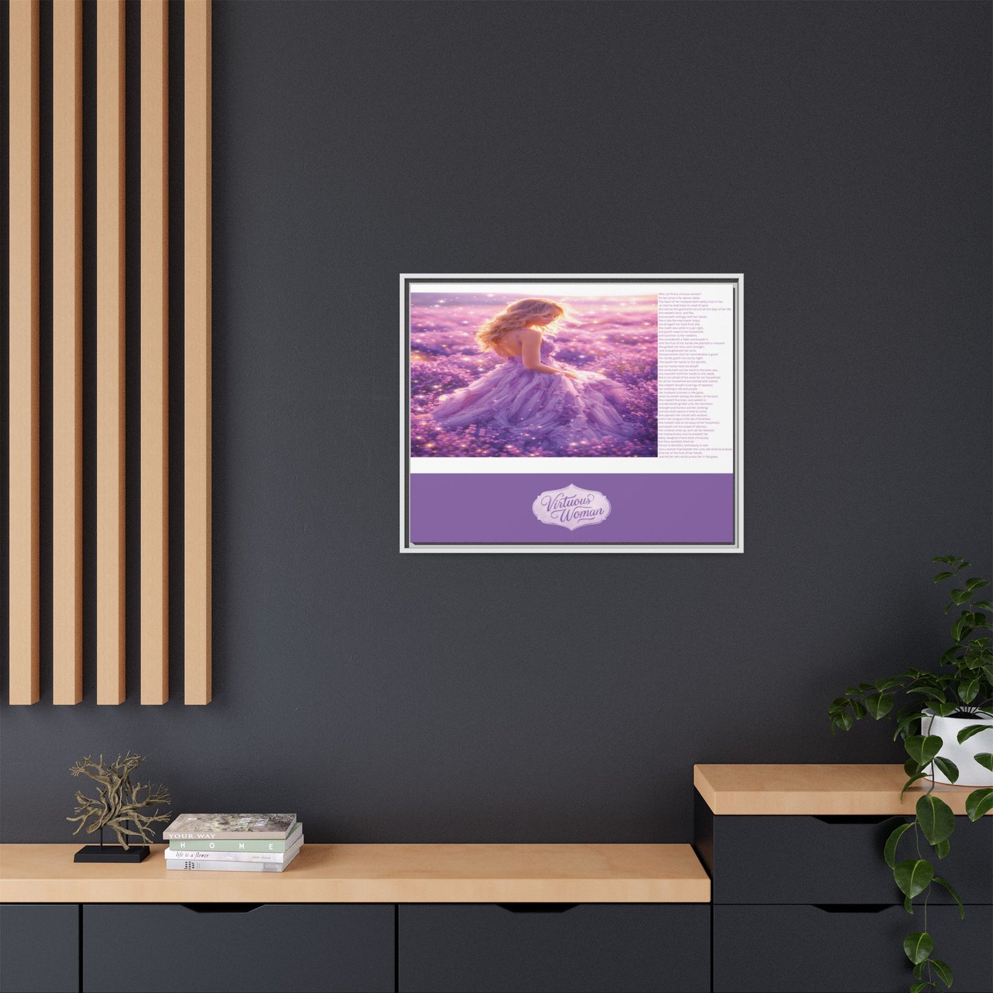 Virtuous Woman Canvas Wall Art – Proverbs 31 Scripture Inspired Lavender Field Painting, Elegant Christian Home Décor, Matte Framed Canvas Print