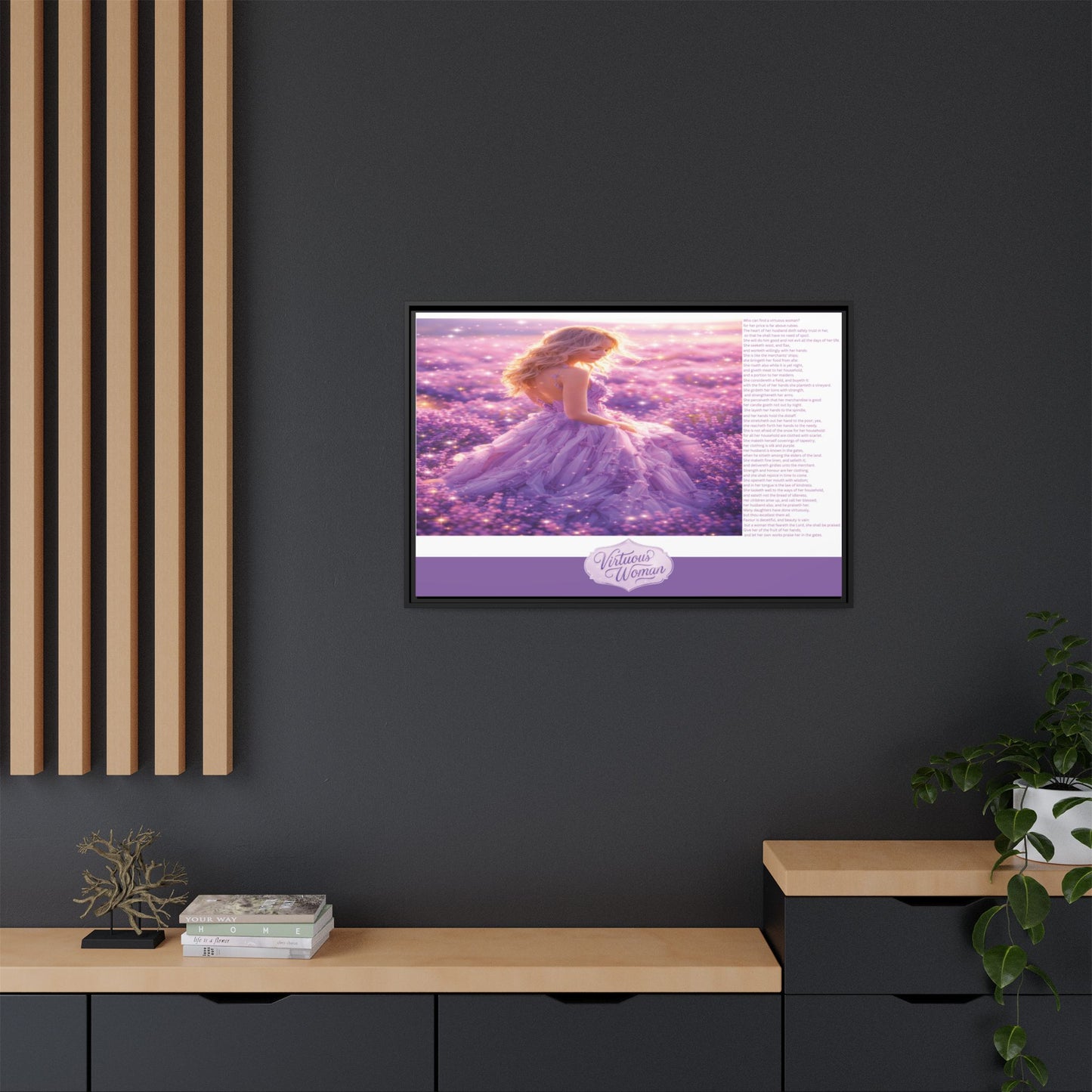 Virtuous Woman Canvas Wall Art – Proverbs 31 Scripture Inspired Lavender Field Painting, Elegant Christian Home Décor, Matte Framed Canvas Print
