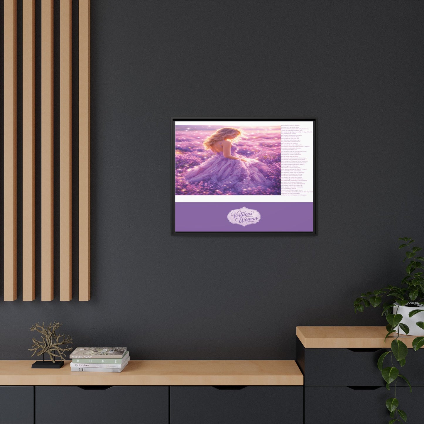 Virtuous Woman Canvas Wall Art – Proverbs 31 Scripture Inspired Lavender Field Painting, Elegant Christian Home Décor, Matte Framed Canvas Print