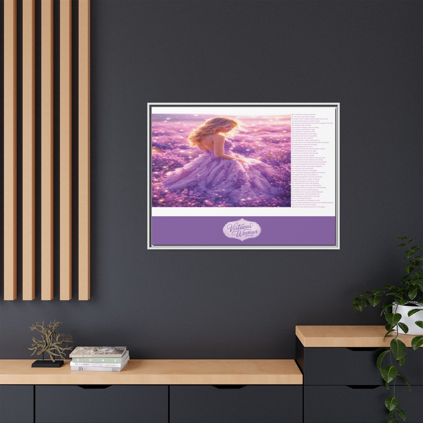 Virtuous Woman Canvas Wall Art – Proverbs 31 Scripture Inspired Lavender Field Painting, Elegant Christian Home Décor, Matte Framed Canvas Print