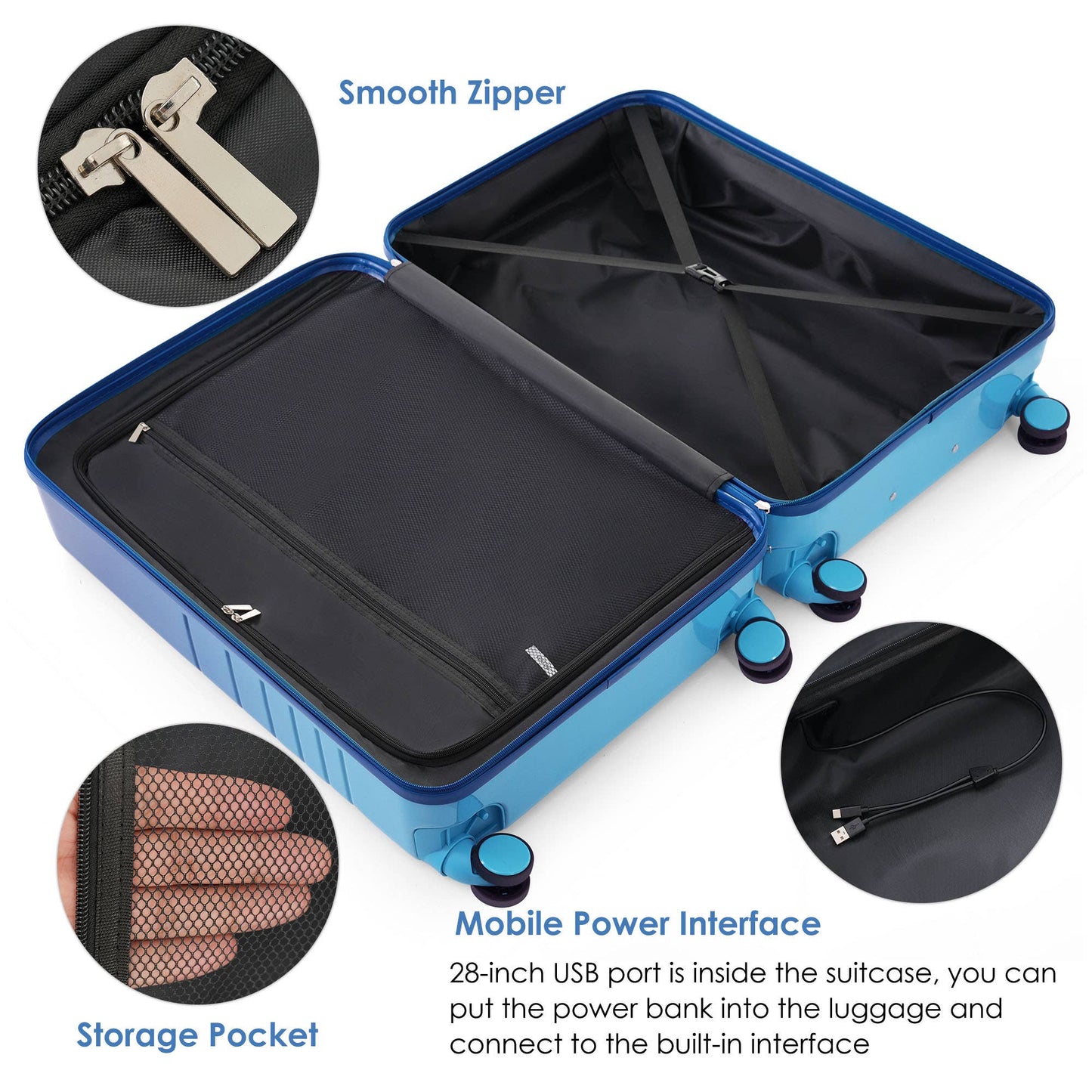 Luggage Set of 3, 20, 24, 28inch with USB Port: Blue
