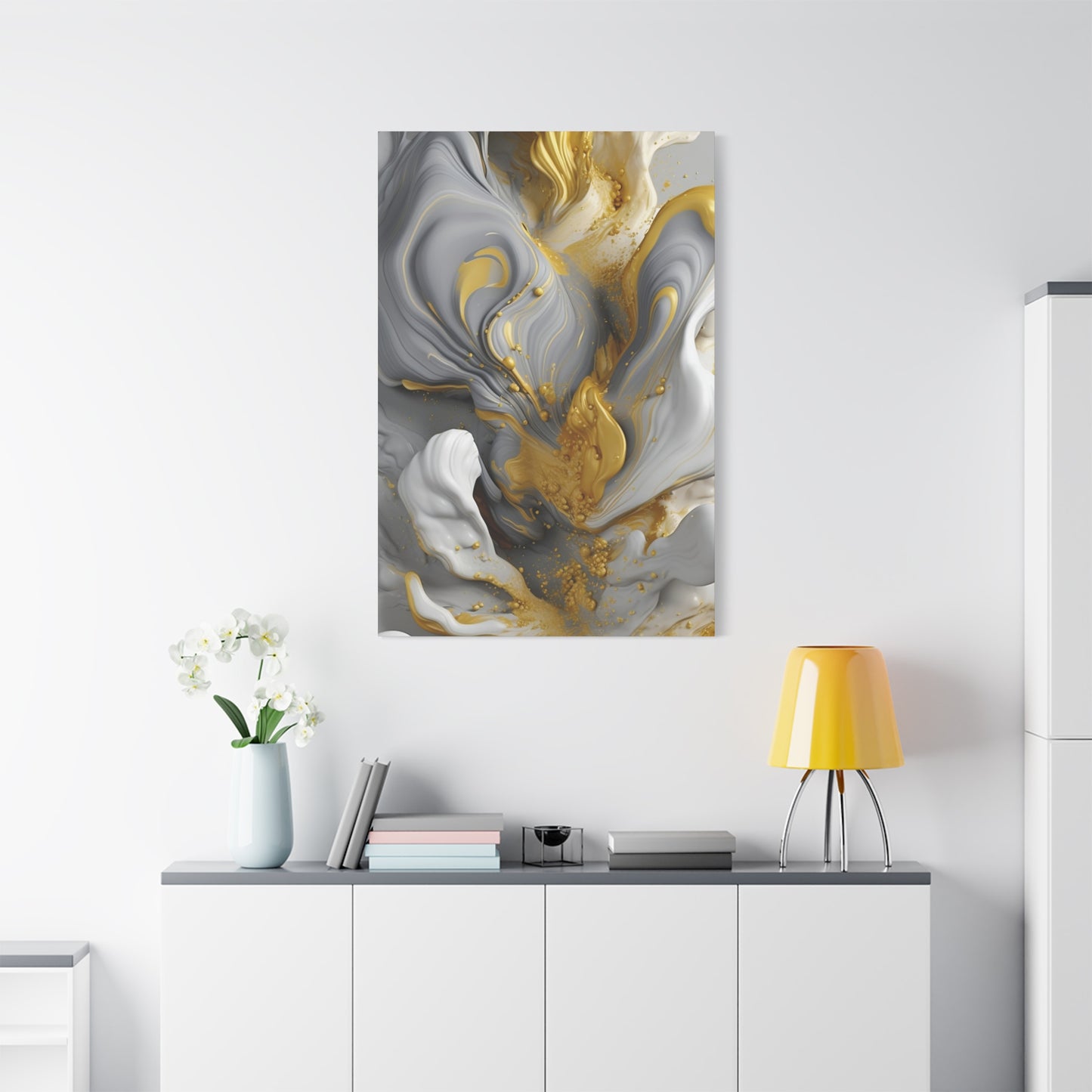 Gold, White, and Gray Liquid Fluid Modern Wall Art