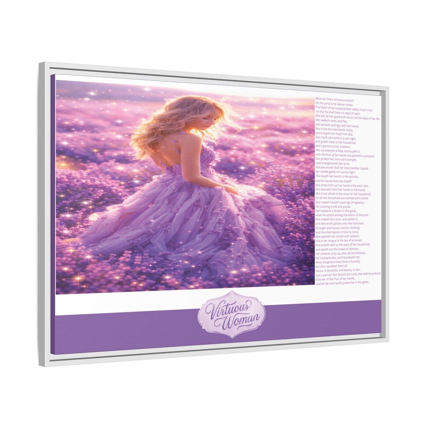 Virtuous Woman Canvas Wall Art – Proverbs 31 Scripture Inspired Lavender Field Painting, Elegant Christian Home Décor, Matte Framed Canvas Print