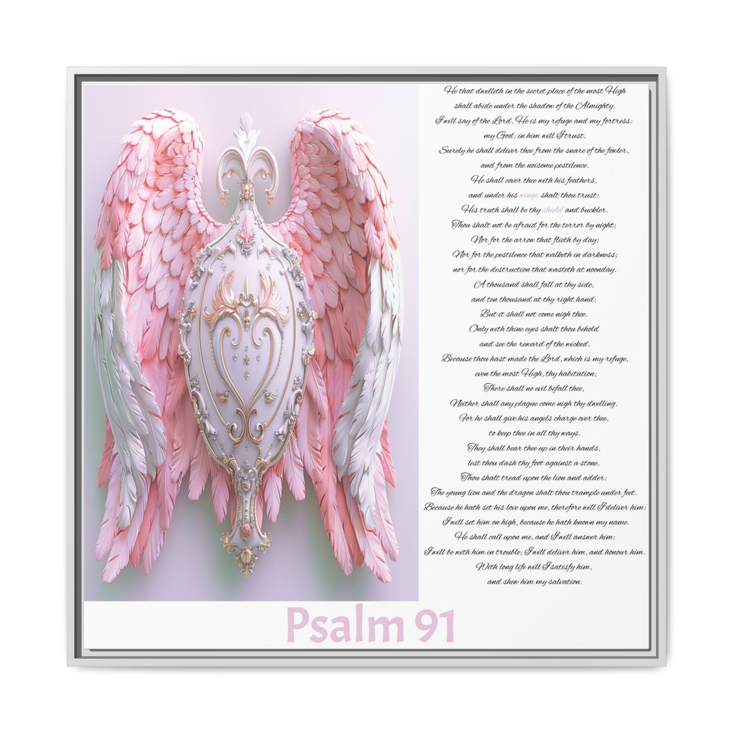 Psalm 91 Angel Wings Matte Canvas Framed Wall Art — Devotional Prayer Quote