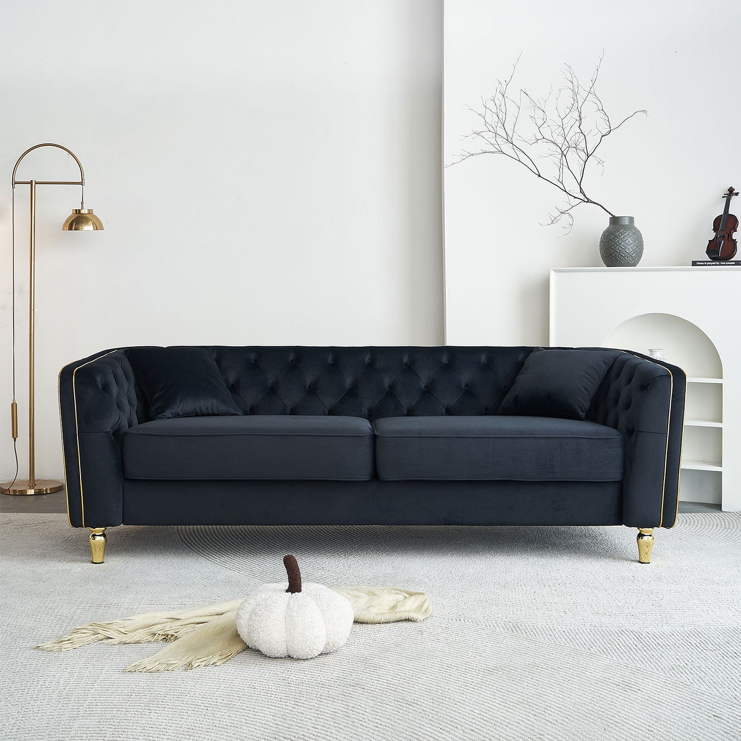 87.01'W Modern Tufted Velvet Sofa ,Stylish and Comfortable for Living Room Sofa, Hotel Apartment,Black