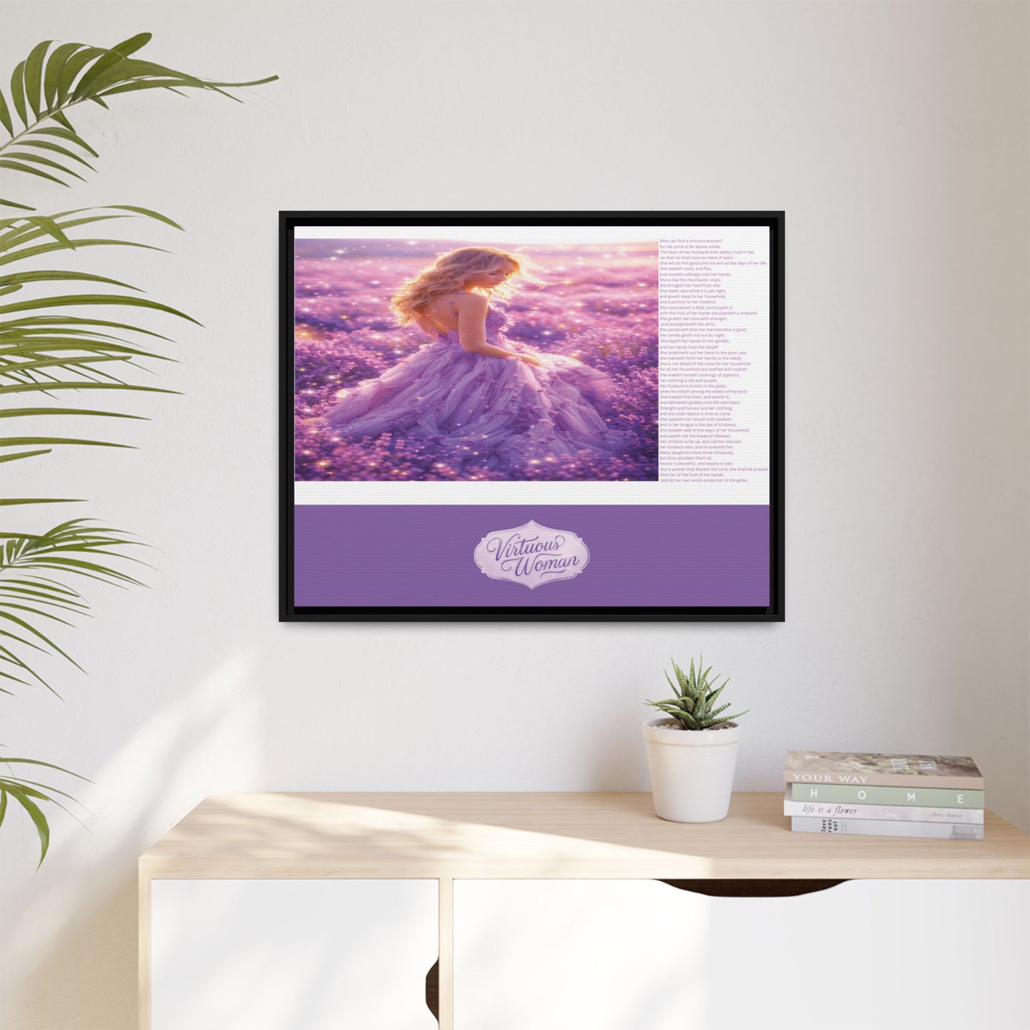 Virtuous Woman Canvas Wall Art – Proverbs 31 Scripture Inspired Lavender Field Painting, Elegant Christian Home Décor, Matte Framed Canvas Print