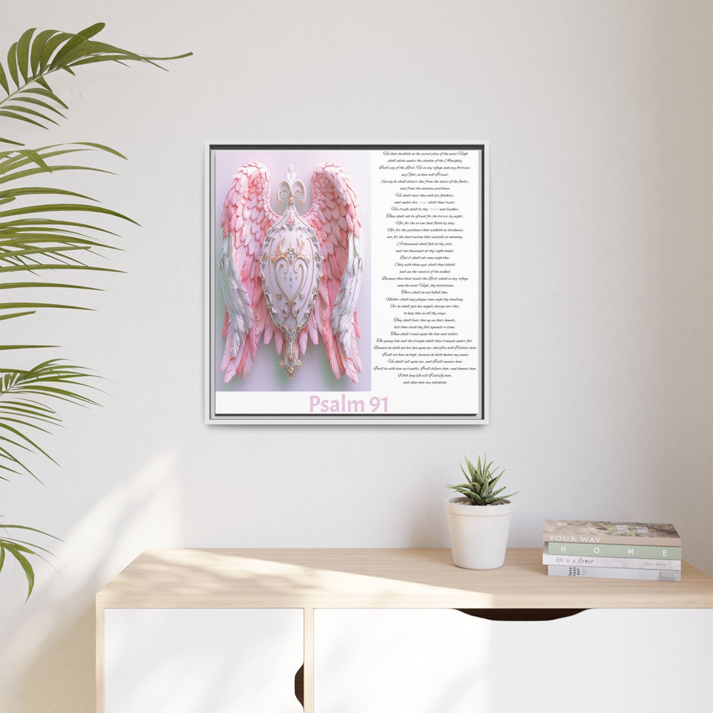 Psalm 91 Angel Wings Matte Canvas Framed Wall Art — Devotional Prayer Quote