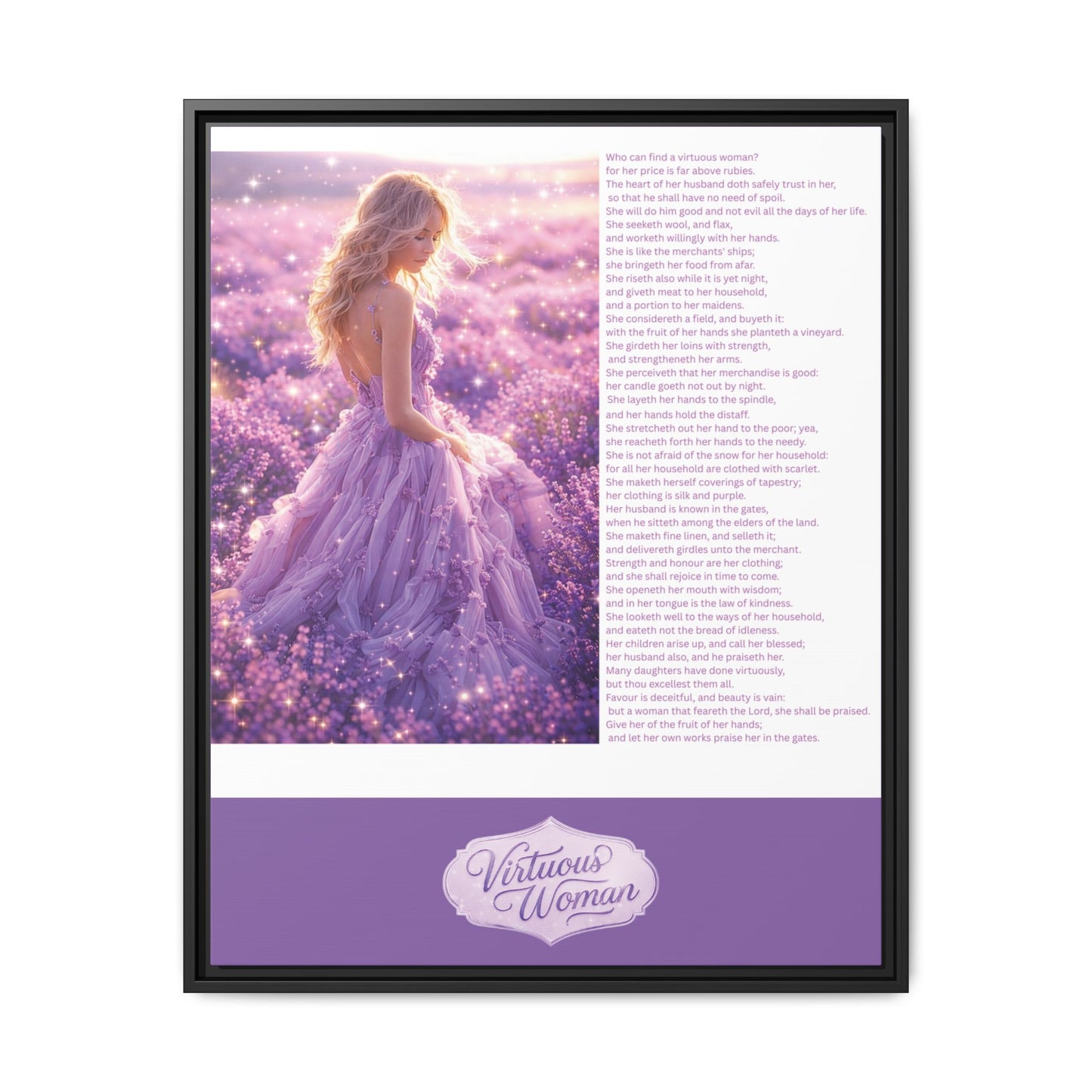 Virtuous Woman Canvas Wall Art – Proverbs 31 Scripture Inspired Lavender Field Painting, Elegant Christian Home Décor, Matte Framed Canvas Print