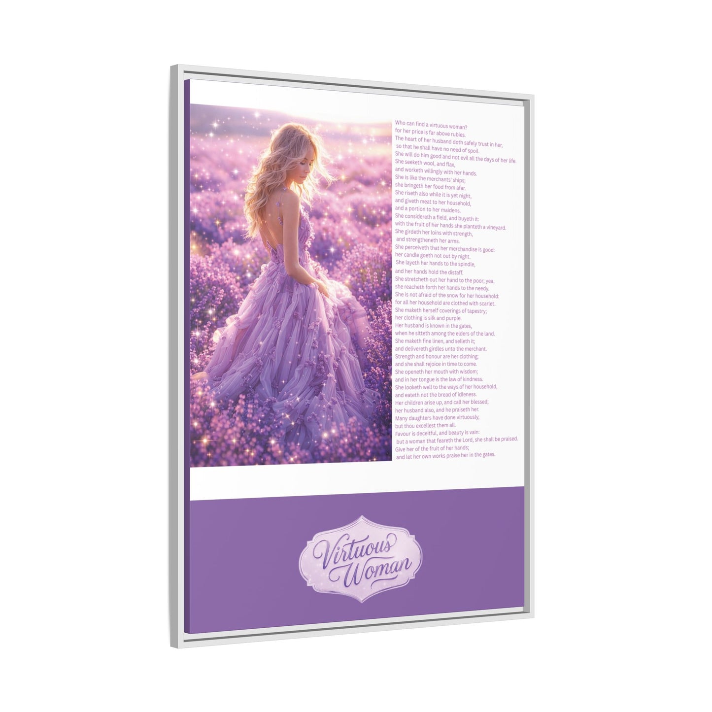 Virtuous Woman Canvas Wall Art – Proverbs 31 Scripture Inspired Lavender Field Painting, Elegant Christian Home Décor, Matte Framed Canvas Print