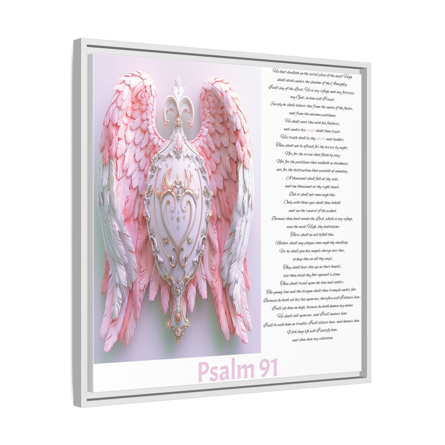 Psalm 91 Angel Wings Matte Canvas Framed Wall Art — Devotional Prayer Quote