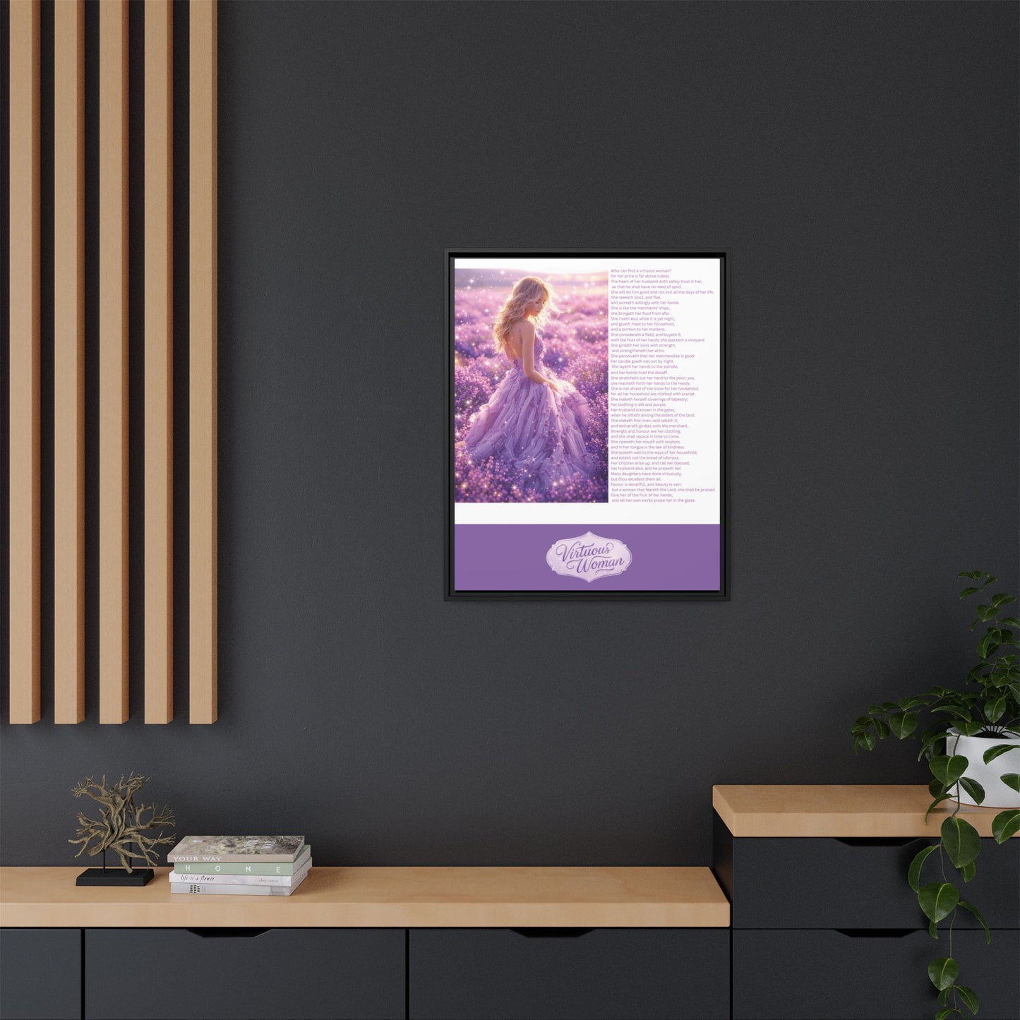 Virtuous Woman Canvas Wall Art – Proverbs 31 Scripture Inspired Lavender Field Painting, Elegant Christian Home Décor, Matte Framed Canvas Print