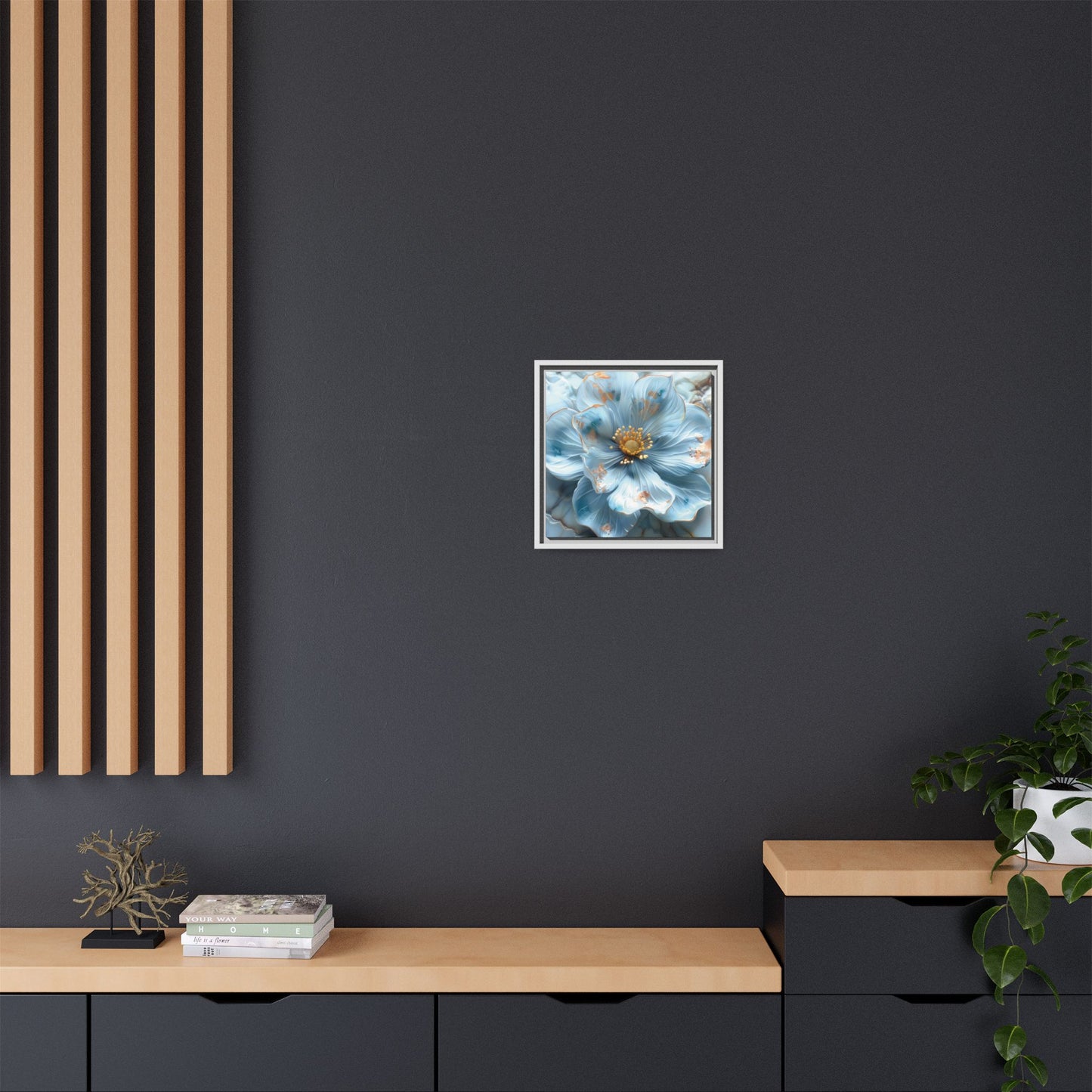 Elegant Sky-Blue Floral Matte Canvas Wall Art – Framed in White, Black, or Espresso | Modern Home & Office Decor