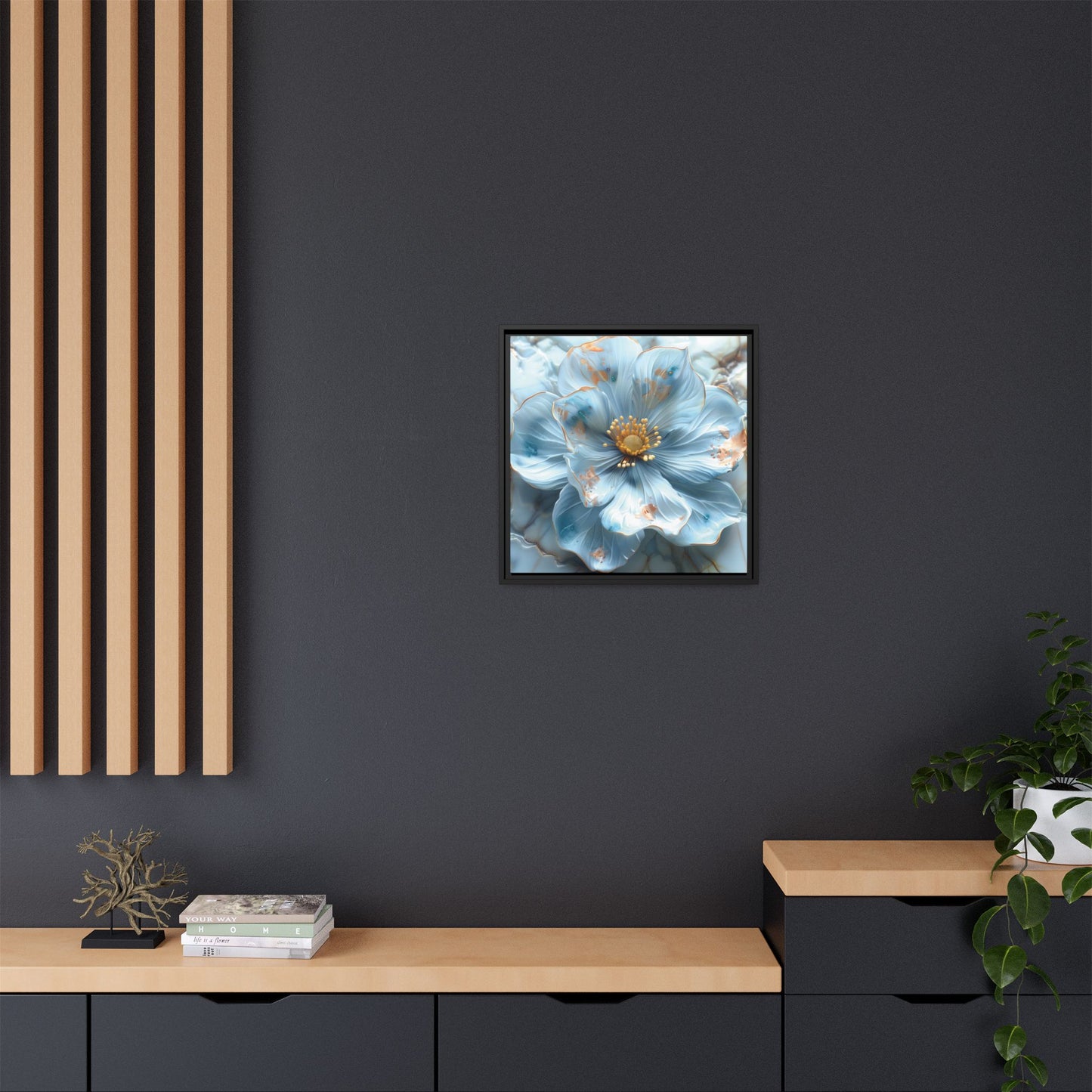 Elegant Sky-Blue Floral Matte Canvas Wall Art – Framed in White, Black, or Espresso | Modern Home & Office Decor