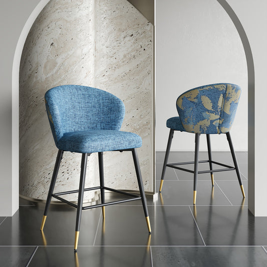 Counter Height Bar Stools Set of 2, Jacquard Upholstered Bar Chairs, Metal Footrest and Frame for Kitchen,Dining Room,28'H Seat Height , Blue