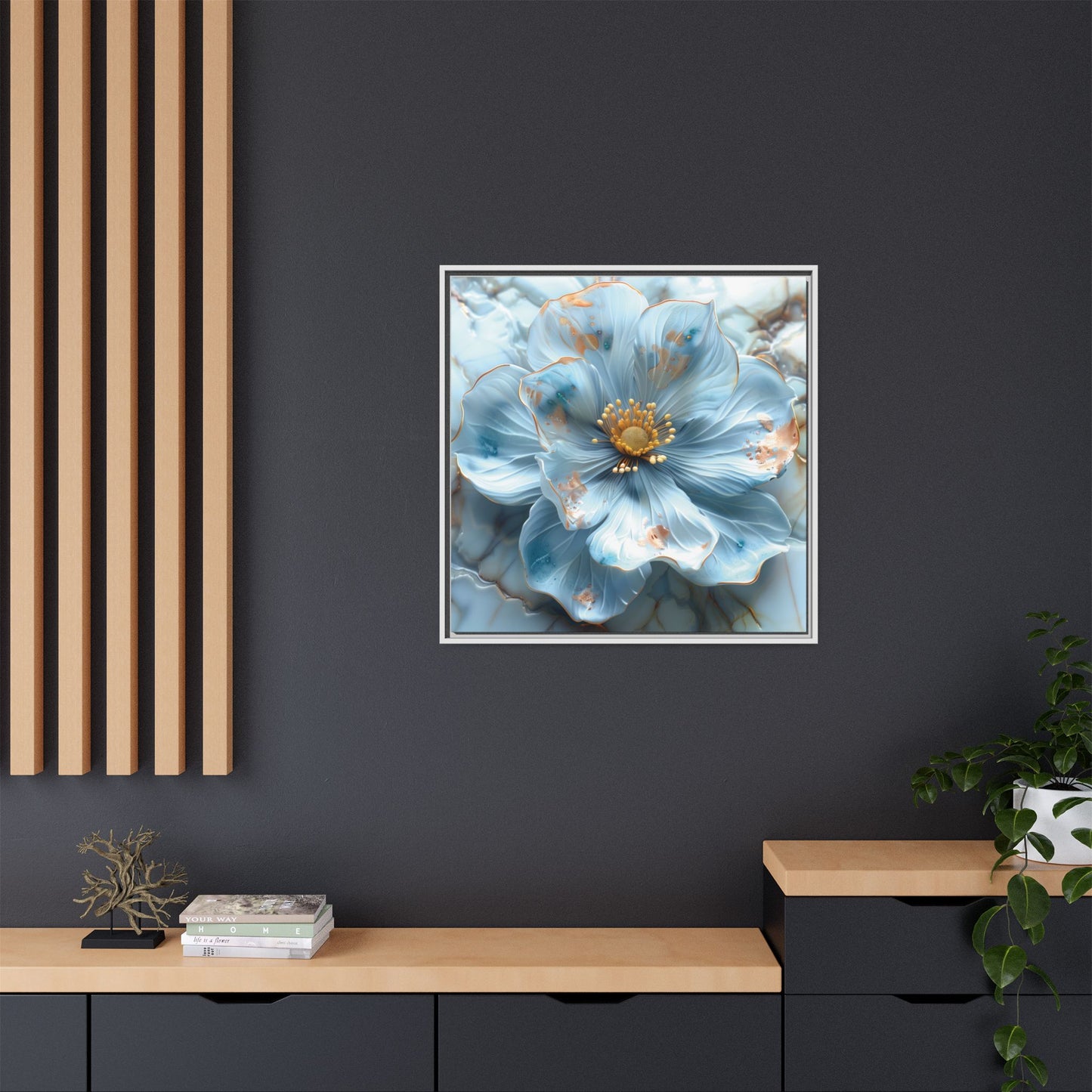Elegant Sky-Blue Floral Matte Canvas Wall Art – Framed in White, Black, or Espresso | Modern Home & Office Decor