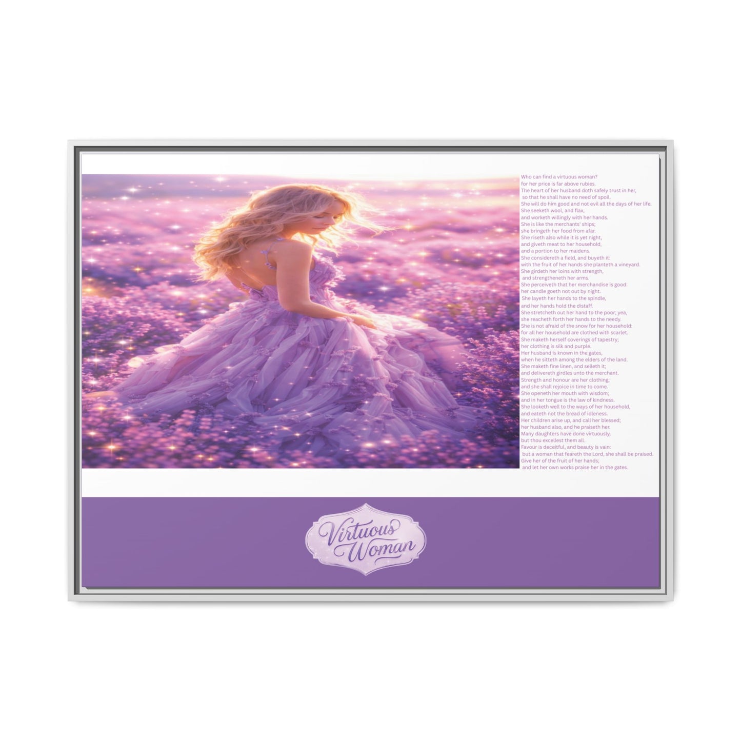 Virtuous Woman Canvas Wall Art – Proverbs 31 Scripture Inspired Lavender Field Painting, Elegant Christian Home Décor, Matte Framed Canvas Print