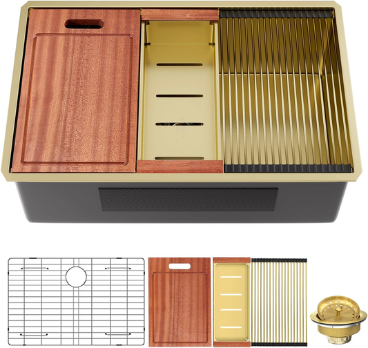 32 Gold Undermount Workstation Kitchen Sink-32 x 19 Inch 16 Gauge Stainless Steel Undermount Kitchen Sink Handmade R10 Radius 10 Inch Deep Undermount Single Bowl Sink with Custom Accessories