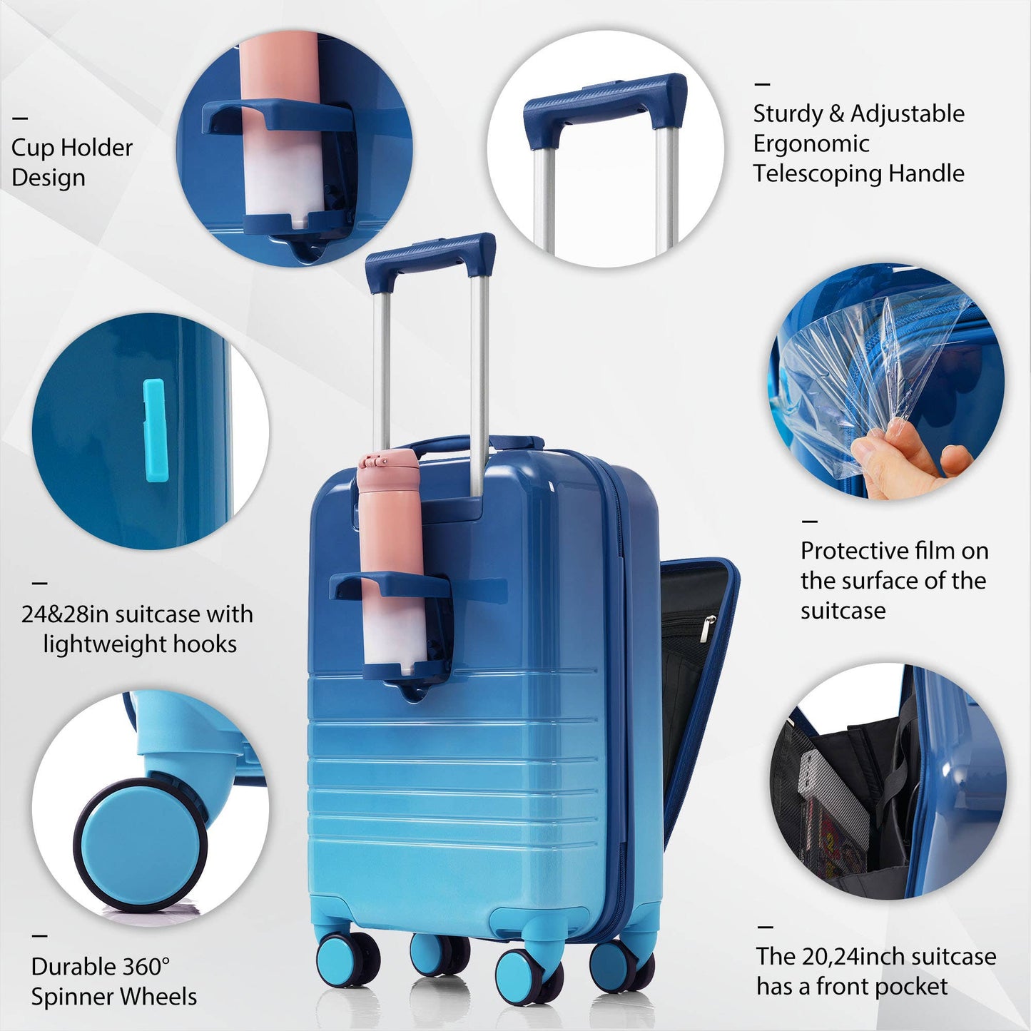 Luggage Set of 3, 20, 24, 28inch with USB Port: Blue