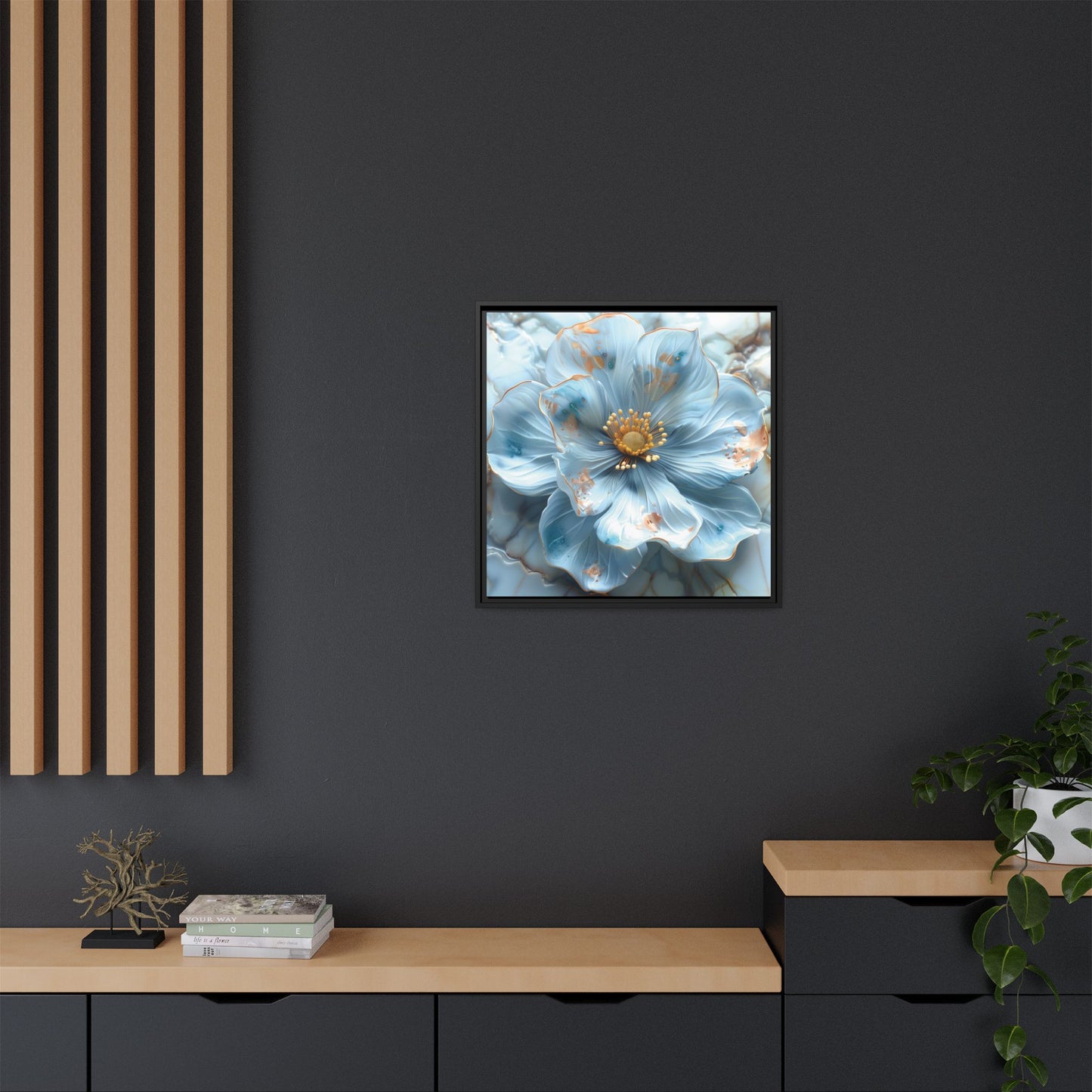 Elegant Sky-Blue Floral Matte Canvas Wall Art – Framed in White, Black, or Espresso | Modern Home & Office Decor