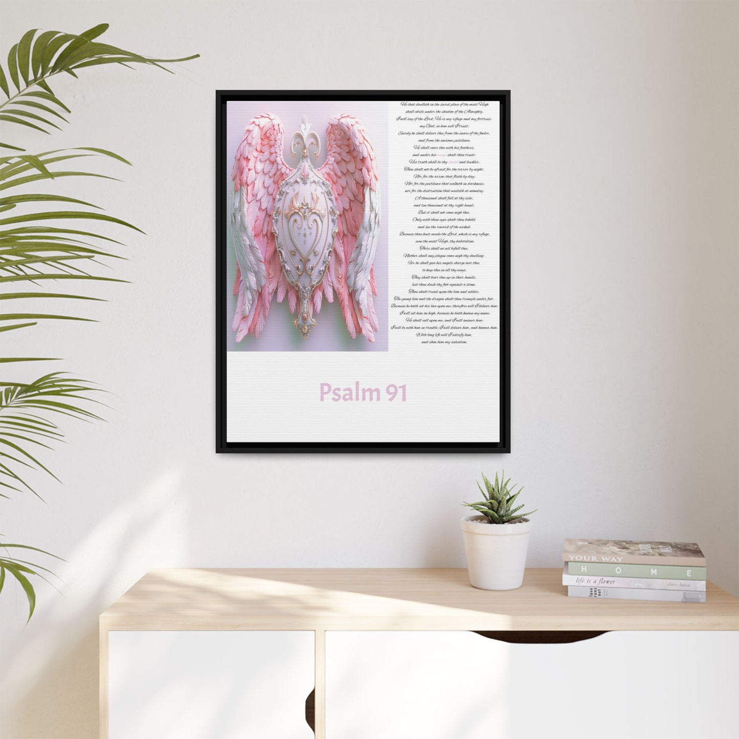Psalm 91 Pink-Winged Angel Matte Canvas (Framed) — Comforting Scripture Wall Art