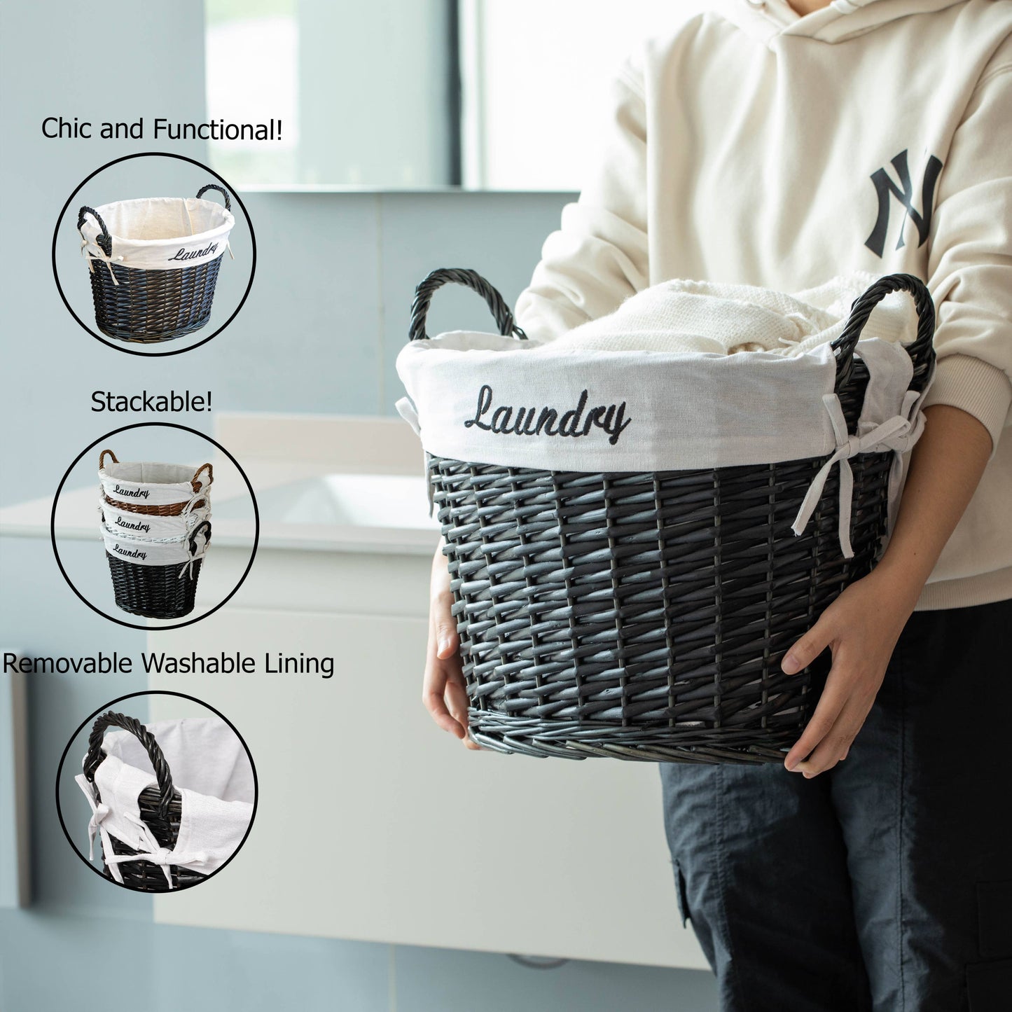 Wickerwise Handwoven Laundry Basket with Liner & Handles: Black