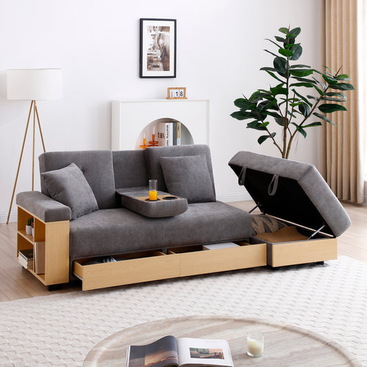 Convertible Sleeper Sofa Couch,Multifunctional Double Folding Sofa Bed,Storage Ottoman and Sofa arm with  box and drawer, Drop Down Table with 2Cup Holders for Living room,Apartment,Office,Grey