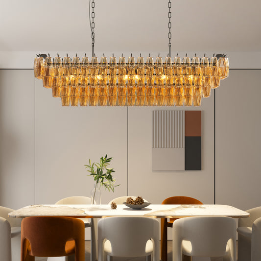 54' Black Rectangular Chandeliers for Dining Room, 12-Light 4 Tiered Large Smoke Glass Chandelier, Modern Kitchen Island Farmhouse Hanging Light Fixture for Living Room Foyer (Bulb not included)