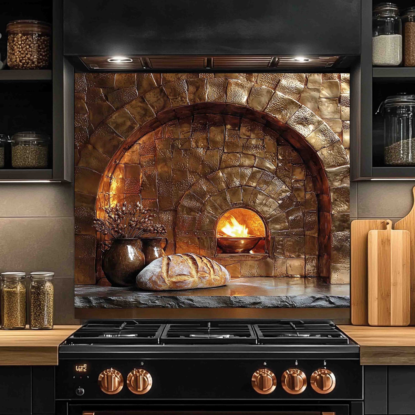 Firestone Hearth Tempered Glass Backsplash – Rustic Stone Oven Kitchen Backsplash: Adhere (Adhesive Silicone) / 24"Hx30"W | 61x76 cm