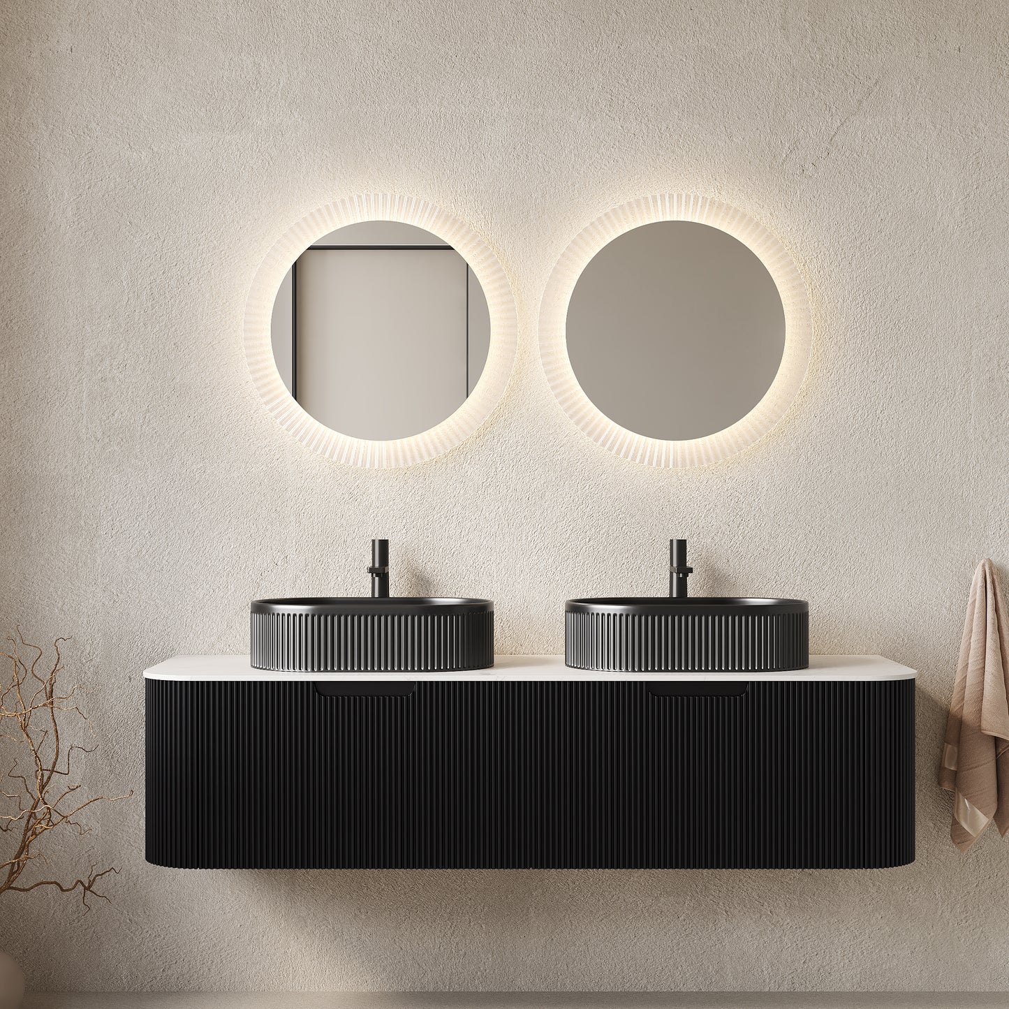 DINA 60' Bathroom Vanity with Sinks, Modern Wall-Mounted Floating Curved Edges Striped Bathroom Storage Cabinet with 2 Drawers, 2 Black Ceramic Vessel Basin without Faucet, Pre-assembled, Black Color