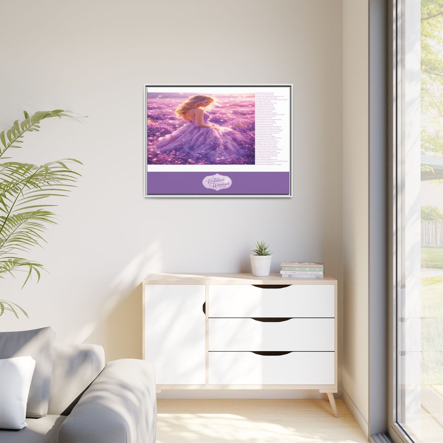 Virtuous Woman Canvas Wall Art – Proverbs 31 Scripture Inspired Lavender Field Painting, Elegant Christian Home Décor, Matte Framed Canvas Print
