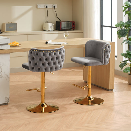 A&A Furniture,Swivel Barstools Adjusatble Seat Height With Gold-plating Base, Classic Velvet Upholstered Bar Stools with the whole Back Tufted, for Home Pub and Kitchen Island,Gray, Set of 2