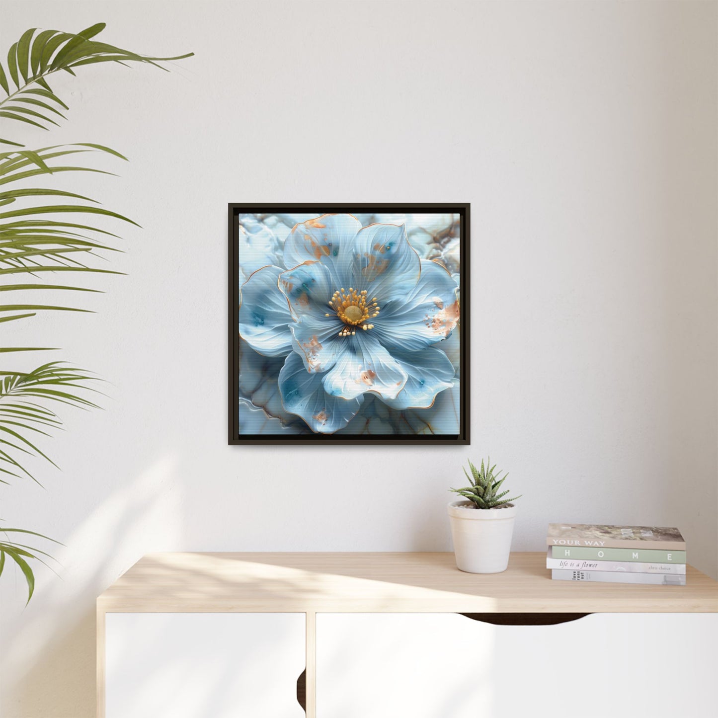 Elegant Sky-Blue Floral Matte Canvas Wall Art – Framed in White, Black, or Espresso | Modern Home & Office Decor