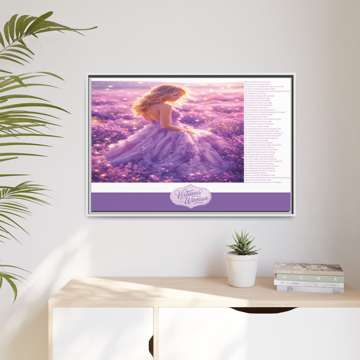 Virtuous Woman Canvas Wall Art – Proverbs 31 Scripture Inspired Lavender Field Painting, Elegant Christian Home Décor, Matte Framed Canvas Print