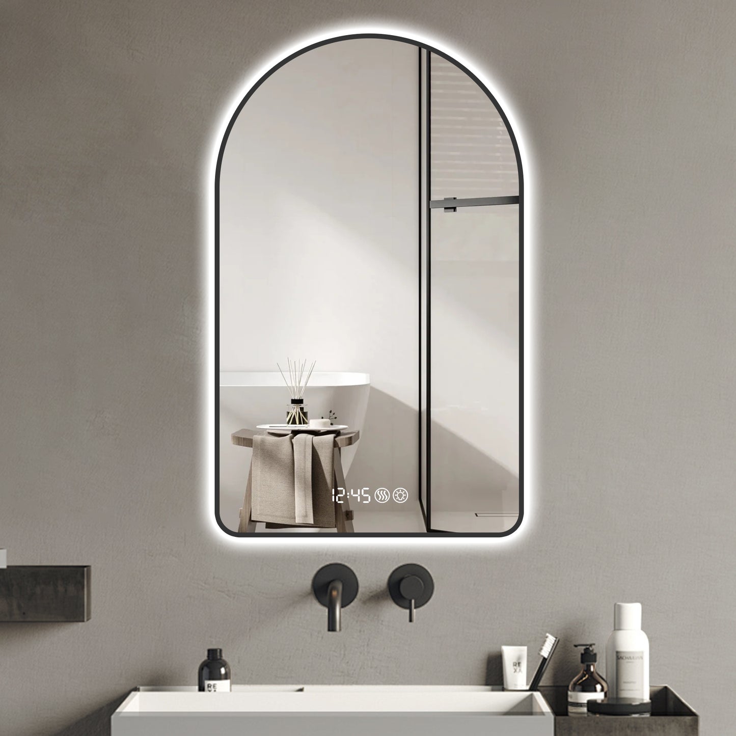 32'x60'Arched LED Mirror for Bathroom,Time and temperature display, Backlight, Anti-Fog, Dimmable, with Three Color Temperatures- Modern Vanity Light Mirror,  Perfect for over Sink,Black Frame