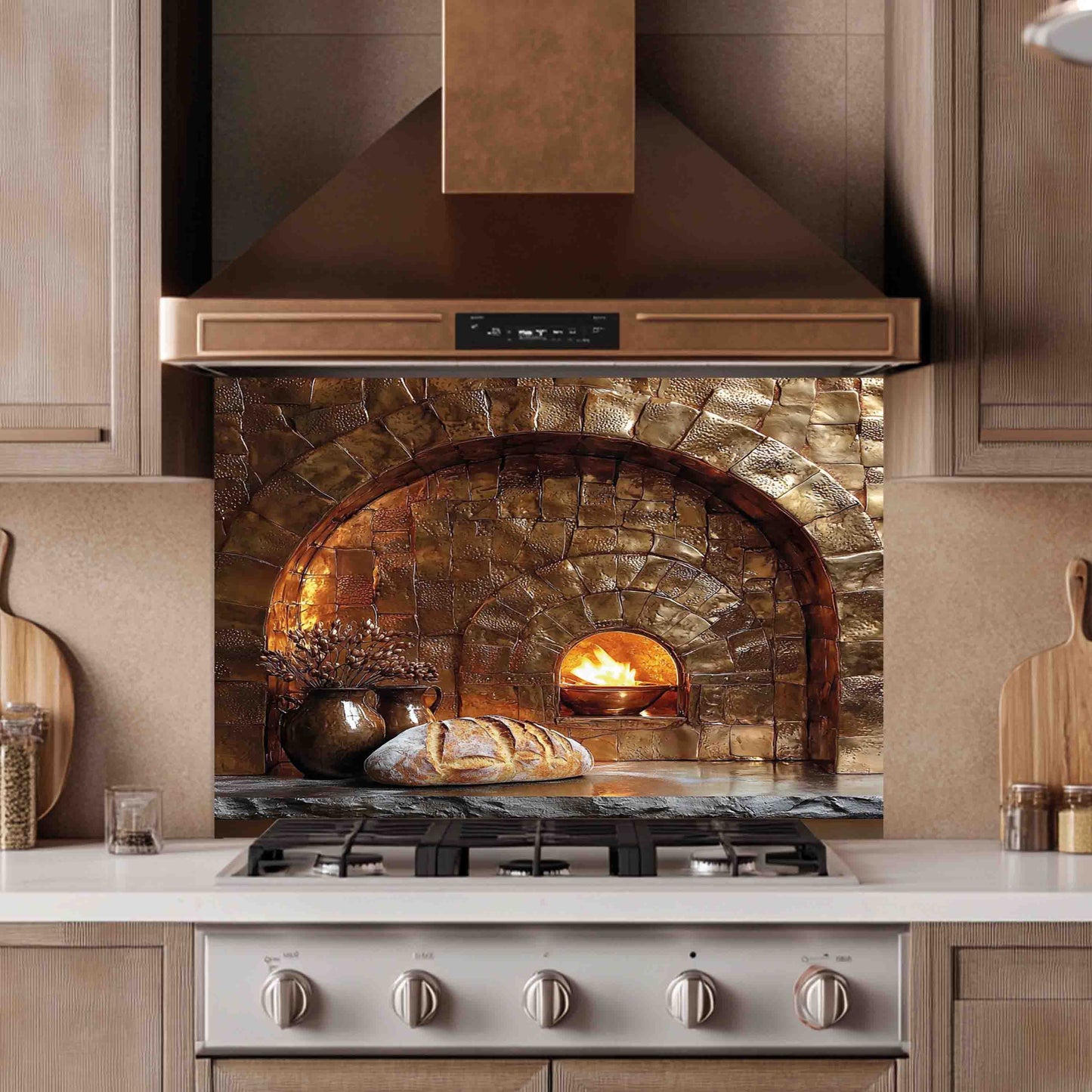 Firestone Hearth Tempered Glass Backsplash – Rustic Stone Oven Kitchen Backsplash: Adhere (Adhesive Silicone) / 24"Hx30"W | 61x76 cm
